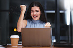 Laptop, celebration and business woman at night excited for achievement, target goals and stock market profit. Female worker, computer and celebrate success in dark office of winner, bonus and fist