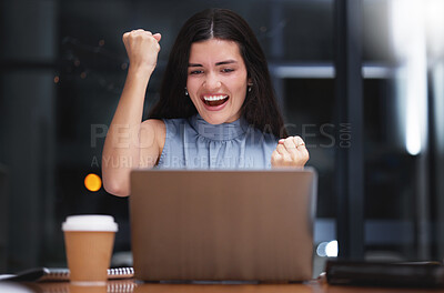 Buy stock photo Laptop, celebration and business woman at night excited for achievement, target goals and stock market profit. Female worker, computer and celebrate success in dark office of winner, bonus and fist