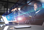 Hologram, futuristic light and black man with laptop in office workplace at night. Technology, future mockup and male employee with computer for 3d business, digital transformation or holographic.