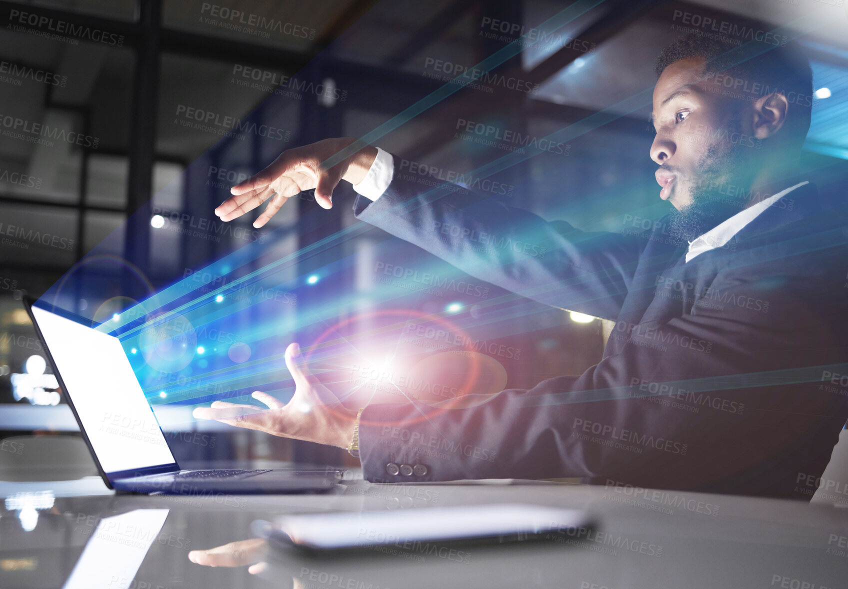 Buy stock photo Hologram, futuristic light and black man with laptop in office workplace at night. Technology, future mockup and male employee with computer for 3d business, digital transformation or holographic.