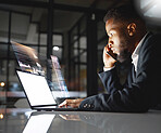 Phone call, futuristic and black man with laptop hologram in office workplace at night. Smartphone communication, future mockup or male employee with computer for 3d business, trading or stock market