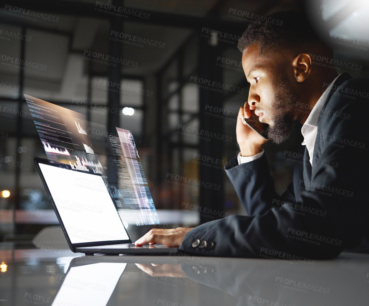 Buy stock photo Phone call, futuristic and black man with laptop hologram in office workplace at night. Smartphone communication, future mockup or male employee with computer for 3d business, trading or stock market