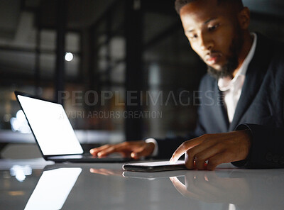 Buy stock photo Laptop screen, phone and black man at night for fintech management, trading and stock market data analysis. Finance, accounting and business person with omnichannel for global investment and mockup