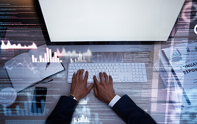 Buy stock photo Hands, keyboard and typing on screen, mockup and fintech and digital transformation, code and futuristic overlay. Analytics, graph and work night with IT, tech support and business man with computer