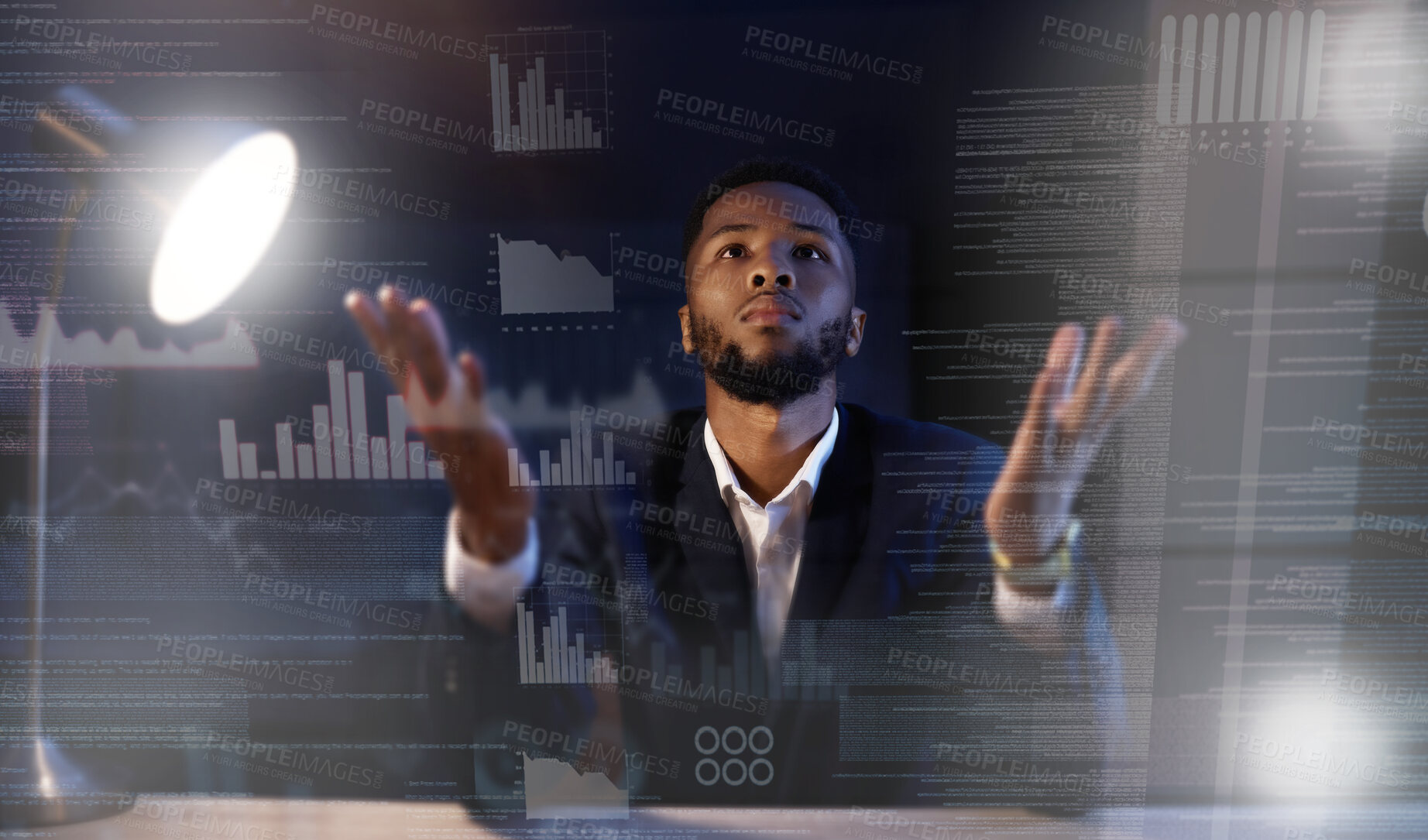 Buy stock photo Businessman, research data and confused at night in office, waiting for stock market. Black man with open hands thinking about mistake with graphs and charts working late on statistical analysis