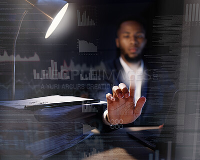 Buy stock photo Hologram, black man and code for programming, overlay and cyber security for futuristic communication, planning and hacker. Holographic, African American male programmer and coder with data analysis