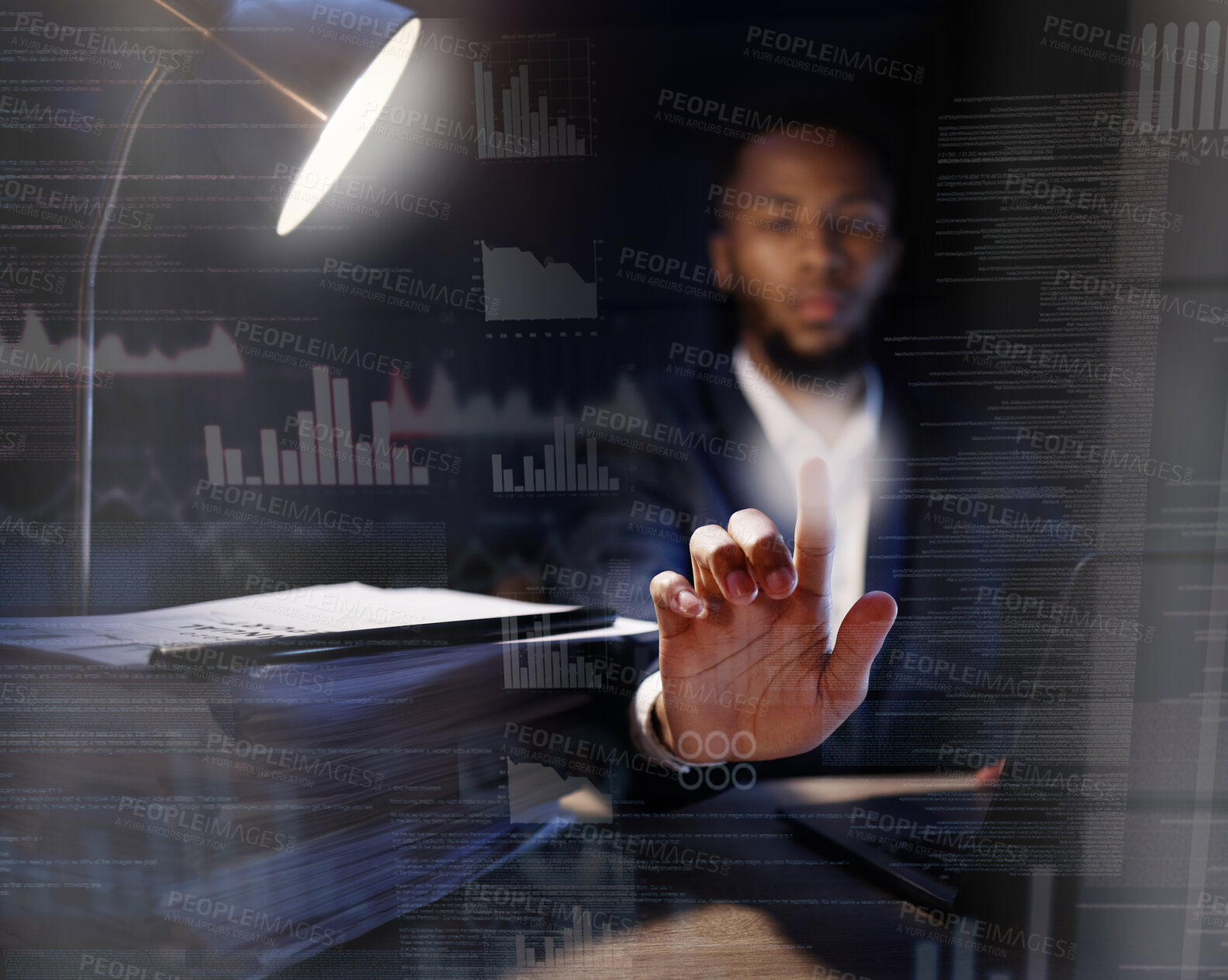 Buy stock photo Hologram, black man and code for programming, overlay and cyber security for futuristic communication, planning and hacker. Holographic, African American male programmer and coder with data analysis