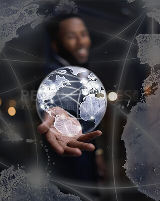 Buy stock photo Hologram, hand and global with communications, futuristic and software for networking, digital and connection. Black man, earth and holographic with innovation, future or international cyber security