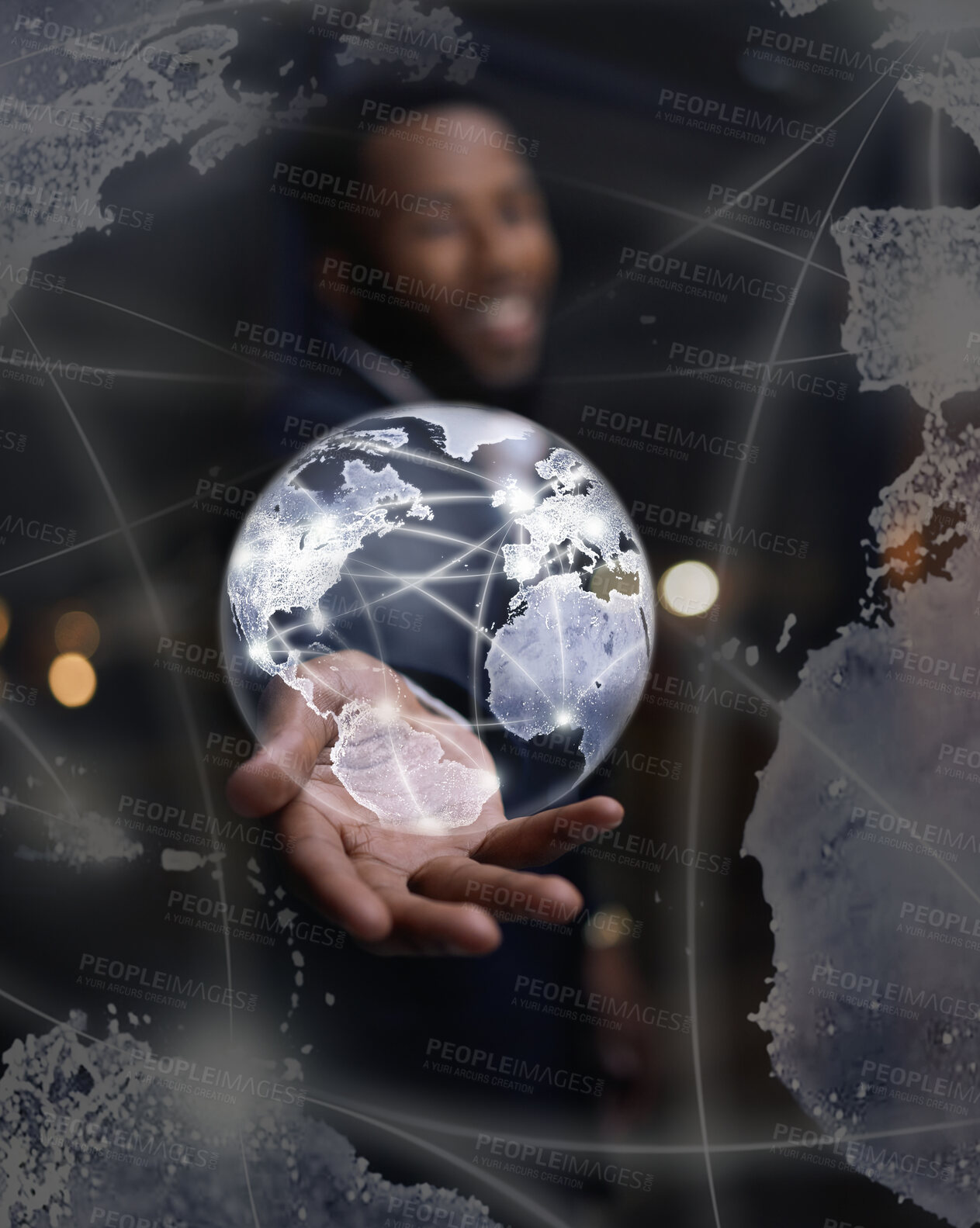 Buy stock photo Hologram, hand and global with communications, futuristic and software for networking, digital and connection. Black man, earth and holographic with innovation, future or international cyber security