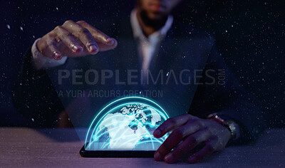 Buy stock photo Future, metaverse and futuristic businessman in the digital world with a hologram connected online, internet or web. Hands, app and AI by IT startup entrepreneur for global technology development