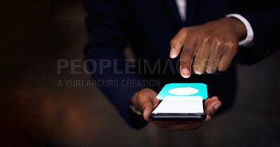 Buy stock photo Phone, hologram and hands with chat icon for communication, networking and futuristic connection. Business black man typing on smartphone in 3d holographic for mobile app ux or ui design at night