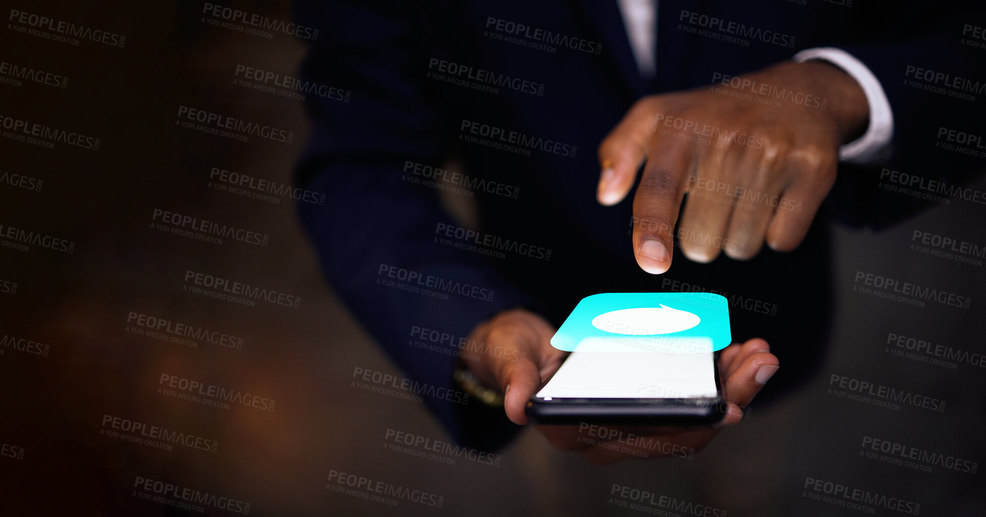 Buy stock photo Phone, hologram and hands with chat icon for communication, networking and futuristic connection. Business black man typing on smartphone in 3d holographic for mobile app ux or ui design at night