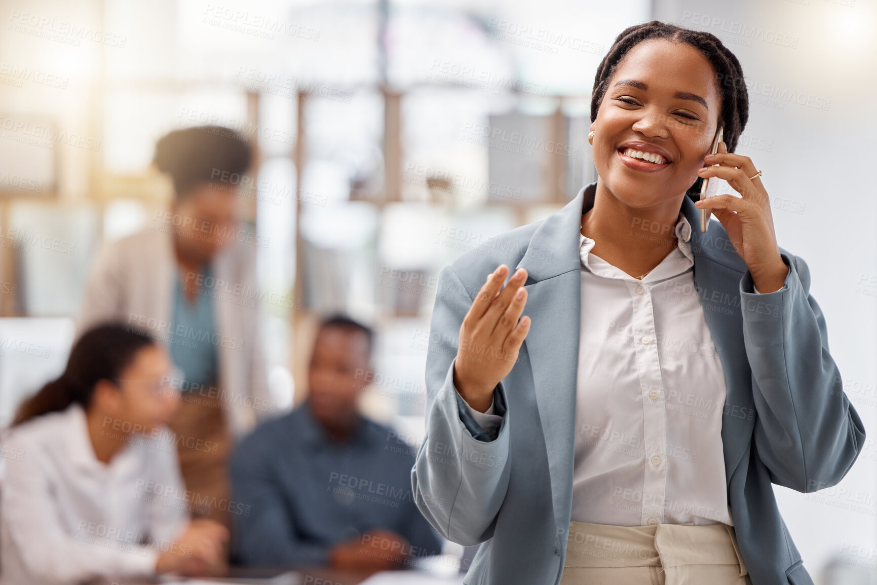 Buy stock photo Phone call, communication and corporate with a business black woman in an office, talking while networking. Mobile, contact or thinking with a female employee speaking on a smartphone for negotiation