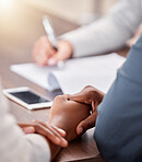 Holding hands, black couple and contract of people in a life insurance meeting with solidarity. Marriage support, love and care busy with documents for healthcare agreement and policy deal at desk