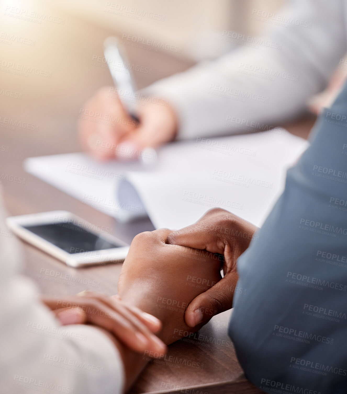 Buy stock photo Holding hands, black couple and contract of people in a life insurance meeting with solidarity. Marriage support, love and care busy with documents for healthcare agreement and policy deal at desk