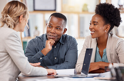 Buy stock photo Black couple, financial advisor and investment planning meeting with bank documents and contract. Accounting, savings and budget consulting with banking management woman talking about payment