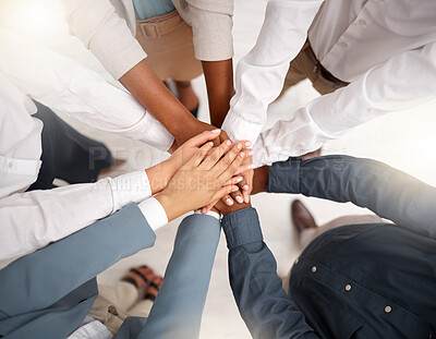 Buy stock photo Team, diversity and stack of hands in the office for unity, celebration or support for solidarity. Collaboration, multiracial and top view of group of business people with motivation and in workplace