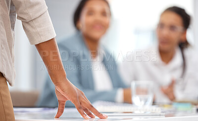 Buy stock photo Management, meeting and hand of black woman on desk for leadership, review and planning. Strategy, innovation and mentor with employee in corporate office for coaching, advisory and negotiation 