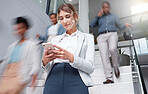 Business woman, smartphone and communication at office with motion blur, fast pace and busy with technology and wifi. Chat, email and social media, connection and speed with movement and mobile app