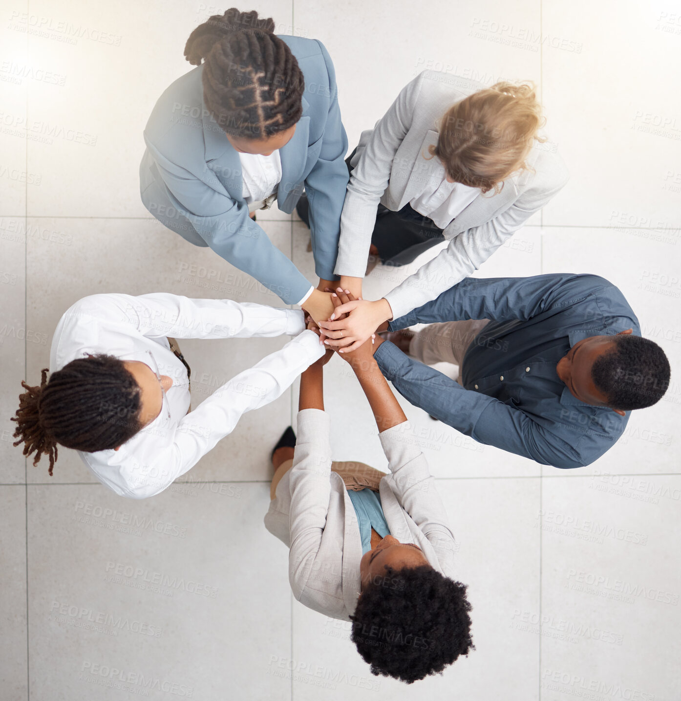 Buy stock photo Hands stack, business people and team building of company mission, startup collaboration and group goals. Employee engagement, together hand sign and diversity circle in solidarity and teamwork above