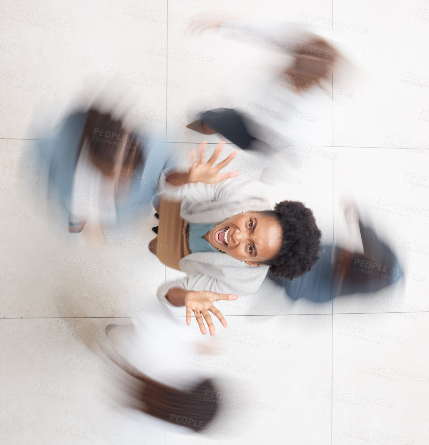 Buy stock photo Top view, black woman and busy office, stress and deadline with new project, leadership and burnout. Fast, African American female employee and manager with hectic schedule, frustration and anxiety