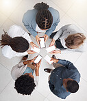 Top view, mockup and business with employees, smartphone and coworkers in modern office. Corporate, staff and teamwork with cellphone, conversation and social media with connection and online reading