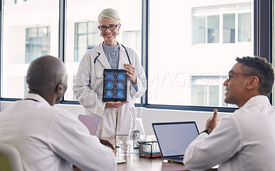 Buy stock photo Brain, healthcare meeting and doctors presentation in neurology research, results and hospital solution. Medical professional, tablet screen and xray of woman and stakeholder people ideas or planning