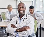 Arms crossed, portrait and a black man in healthcare workshop with vision and motivation. Happy, medicine and an expert African doctor in medical meeting, seminar or conference at a hospital