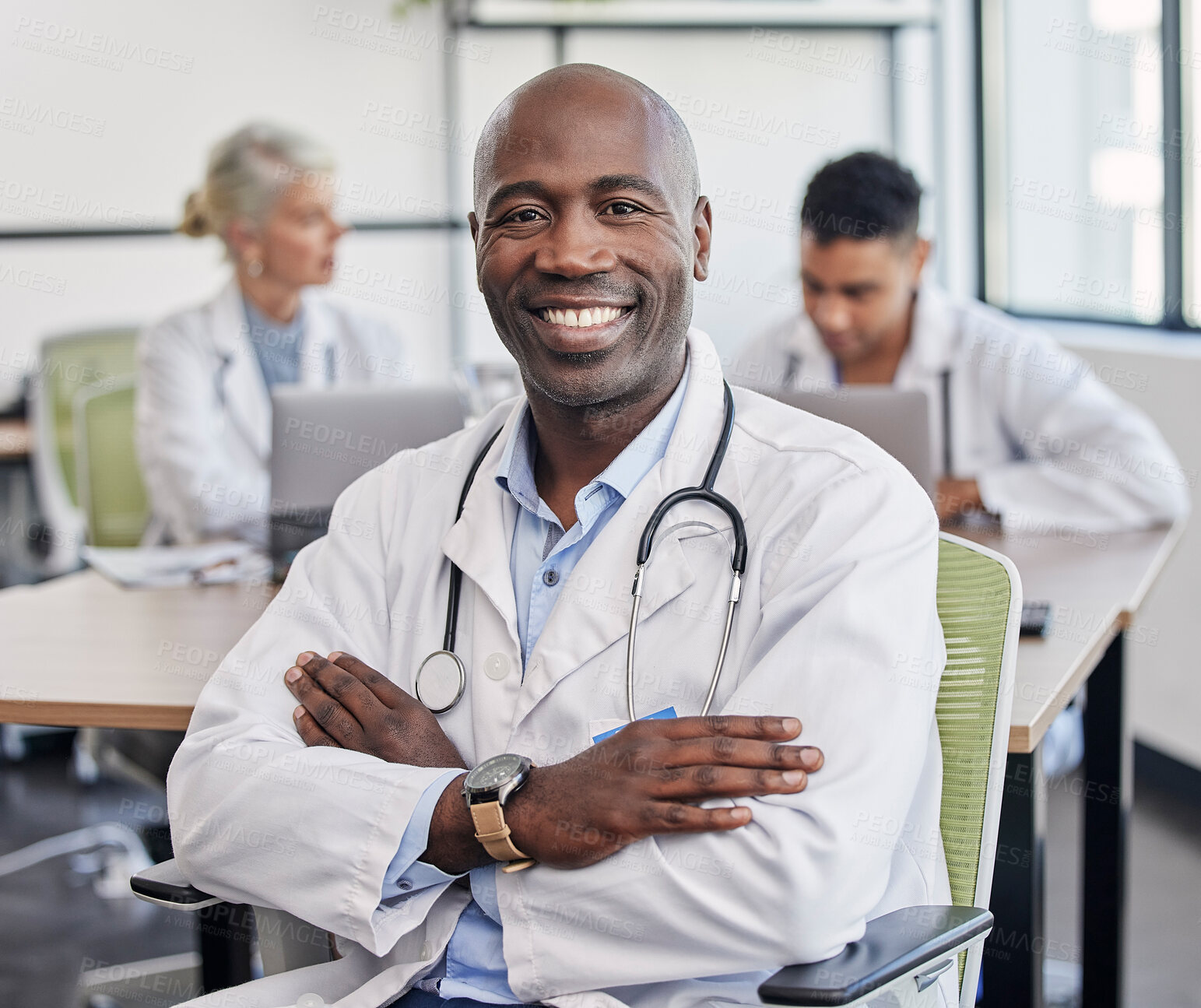 Buy stock photo Arms crossed, portrait and a black man in healthcare workshop with vision and motivation. Happy, medicine and an expert African doctor in medical meeting, seminar or conference at a hospital