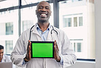 Doctor, portrait and tablet with black man, mock up green screen and happiness for medical career. Senior african medic, mockup space and digital touchscreen ui with smile, hospital office or clinic