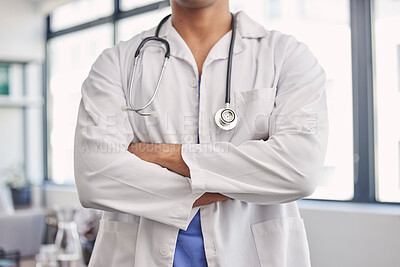 Buy stock photo Healthcare, arms crossed and medical with hands of doctor for medicine, leadership and surgery in clinic. Wellness, innovation and trust with man in hospital for expert, professional and consulting