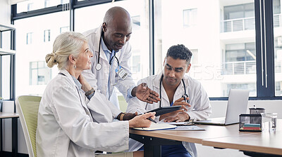 Buy stock photo Healthcare, teamwork and staff talking, tablet and planning for procedure, telehealth and office. Doctors, medical professionals and coworkers in wok place, check results and discussion for diagnosis