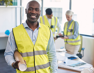 Buy stock photo Black man, architect and portrait smile with blueprint for building or construction plan at the office. Happy African American male engineer or contractor smiling with floor plan for architecture