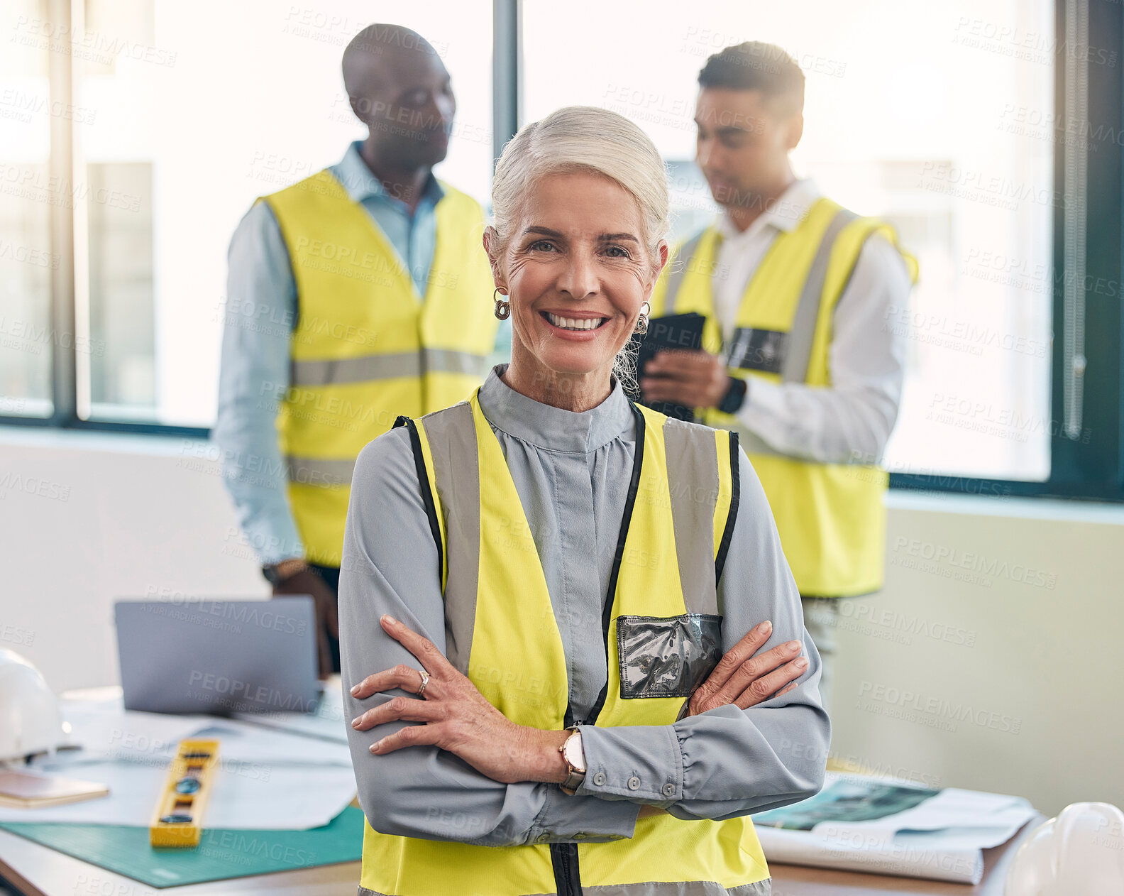 Buy stock photo Senior woman, portrait and engineering project manager with construction gear and project blueprint. Architecture team, building plans and proud elderly industrial employee with staff and smile