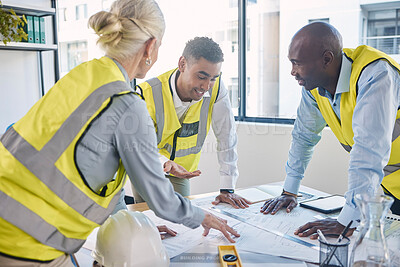 Buy stock photo Architect, building and construction team in planning strategy, blueprints or meeting for project layout at office. Group of diverse engineers or contractors discussing floor plan or architecture