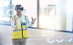 Construction, futuristic and architect with VR and man, digital transformation and metaverse with architecture. Virtual reality goggles, future technology overlay and building with hologram and 3D