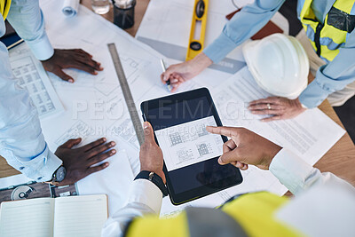 Buy stock photo Architect, hands and tablet in construction above for team planning, strategy or floor plan for project layout at office. Hand of group on touchscreen in engineering design for building architecture