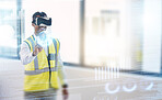 Construction, futuristic and architect with virtual reality and man, digital transformation and metaverse with architecture. VR goggles, future technology overlay and building with hologram and 3D