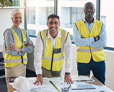 Buy stock photo Team, portrait and engineering management staff with construction gear and project blueprint. Architecture staff, building plans and proud diversity of industrial employees with collaboration