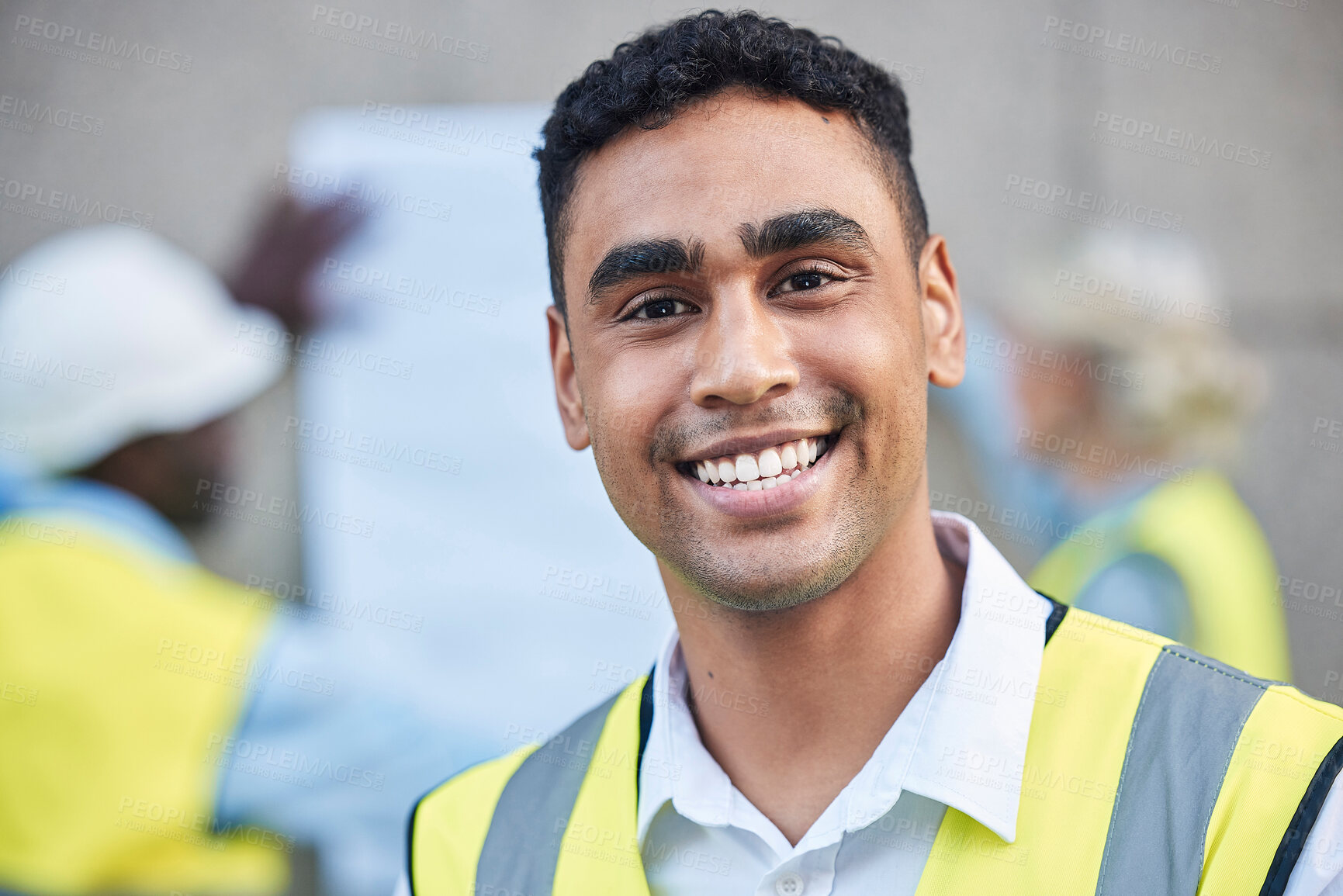 Buy stock photo Construction, architecture and face with man in portrait, smile and project plan at job site, contractor and happy  leader. Mockup space, helmet for safety and architect in building industry