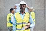 Black man, architect and portrait smile with blueprint in building or construction plan on site. Happy African American male engineer or contractor smiling with floor plan for industrial architecture