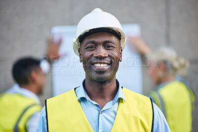 Buy stock photo Black man, architect and portrait smile in building or construction leader with safety hard hat on site. African male engineer or contractor face smiling in leadership for industrial architecture