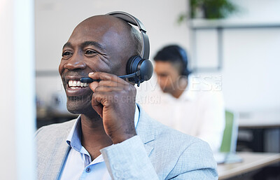 Buy stock photo Consultant, call center and black man with a smile from business, contact us and telemarketing. Office, crm consulting and happy web support employee working on a customer service consultation 