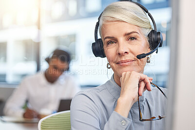 Buy stock photo Face of call center agent, woman telemarketing consultant or virtual assistant in customer services and support focus. Contact us, ecommerce help and senior person portrait in business crm solution