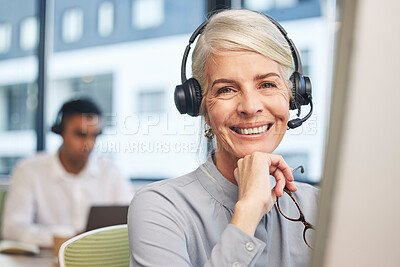 Buy stock photo Face of call center consultant, woman telemarketing agent or virtual assistant in customer services and support smile. Contact us, ecommerce help and senior person portrait in business crm consulting