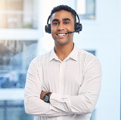 Buy stock photo Call center, smile with portrait of man in office for customer support, telemarketing and communications. Consulting, happy and sales with employee and arms crossed for help desk, advisory and crm