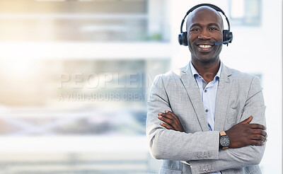 Buy stock photo Call center, mockup and smile with portrait of black man for customer support, telemarketing and communications. Consulting, happy and sales with employee in office for help desk, advisory and crm