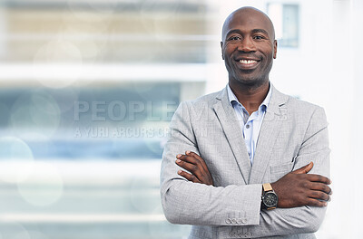 Buy stock photo Smile, leadership and portrait of black man, confident ceo with mockup and blurred background. Vision, future and proud businessman, leader in growth and development of business in corporate Africa.