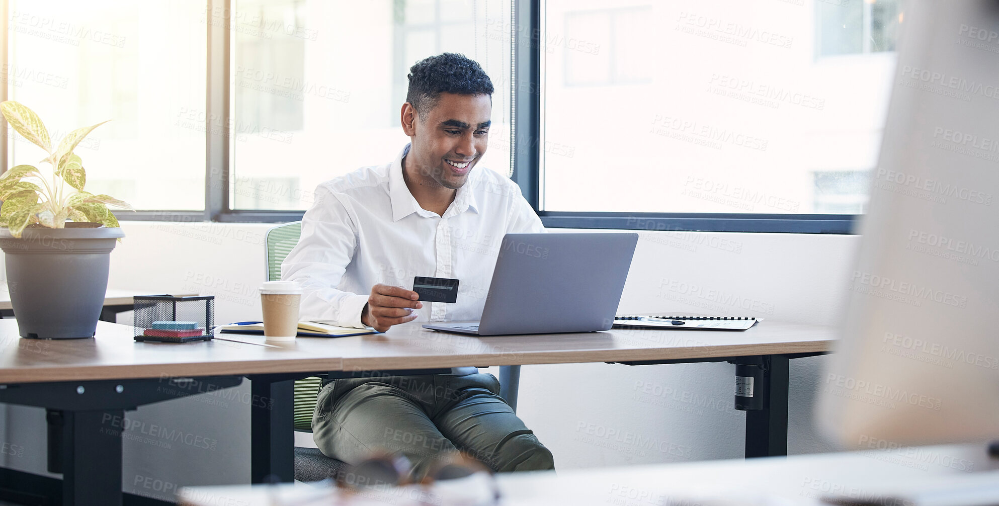 Buy stock photo Computer payment, credit card and business man smile doing corporate banking budget work. Office, savings information and loan of a insurance agent employee working with company finance investing