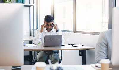 Buy stock photo Businessman, stress headache and laptop in office with burnout, anxiety and tired at desk with deadline. Young executive, frustrated or stressed at table with pc, 404 glitch or exhausted at workplace